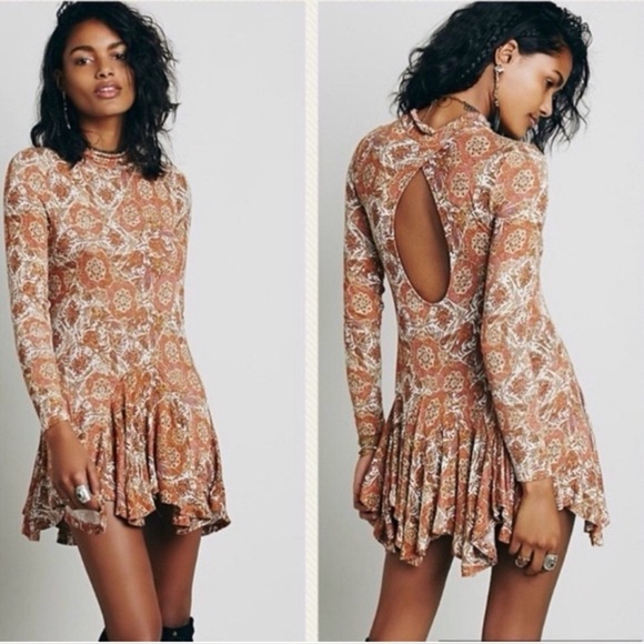 Free People Annabelle Mockneck Open Back Ruffle Mini Dress Tunic Boho Swing - Picture 1 of 10